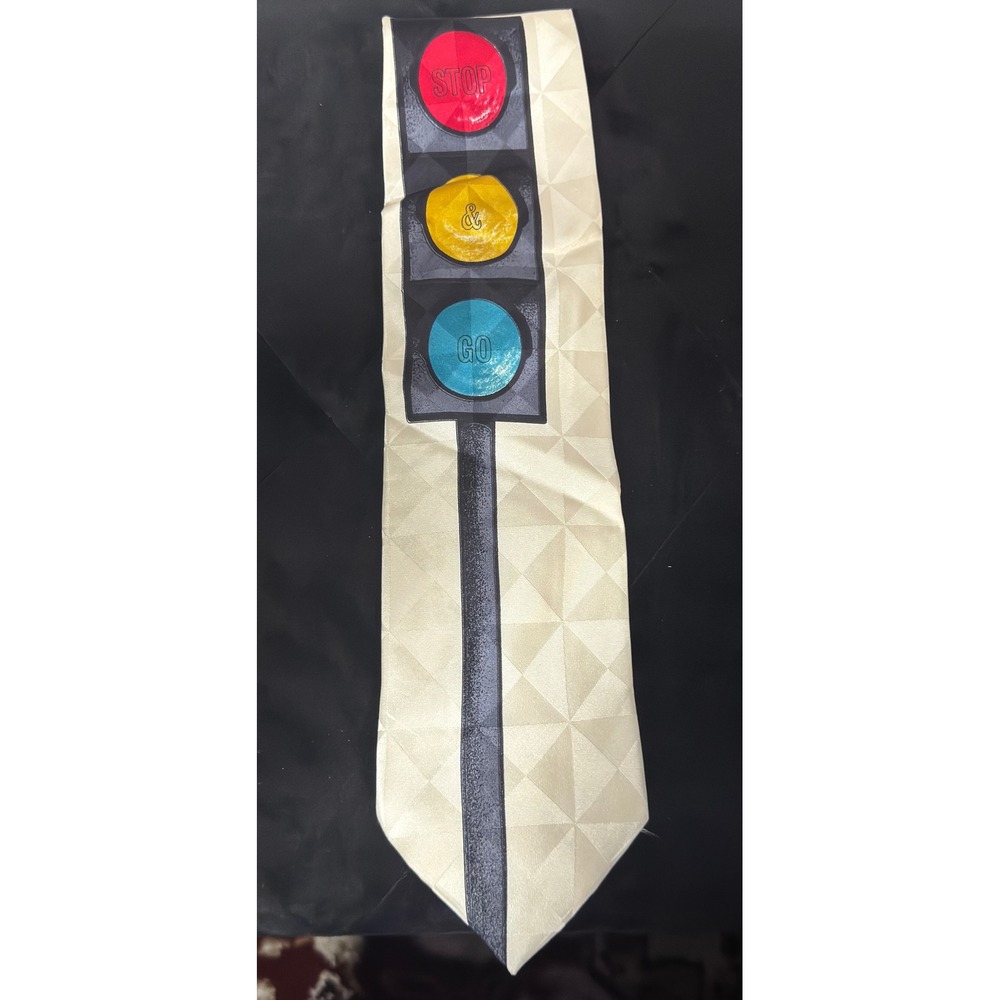Beau Brummel Mens Silk Tie Cream Traffic Light Stop & Go Graphic Made in Italy